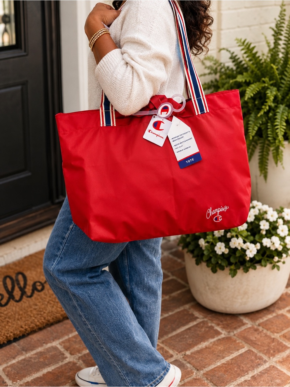 Champion Red Nylon Tote with Striped Shoulder Handles